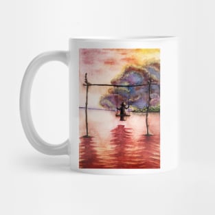 Woman on swing in a sunset. Mug